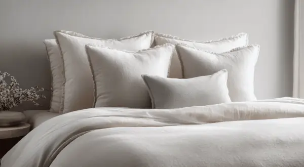 A bed with plush white pillows and a duvet. The pillows have a frayed edge, and one smaller textured pillow sits in front. This is what is a sham bedding, adding comfort and style.
