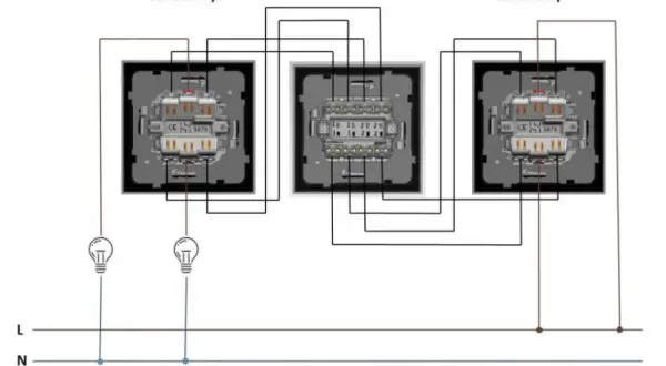 Schemat instalacji elektrycznej: wyłącznik schodowy, podwójny krzyżowy i schodowy. Sterowanie oświetleniem z trzech punktów.