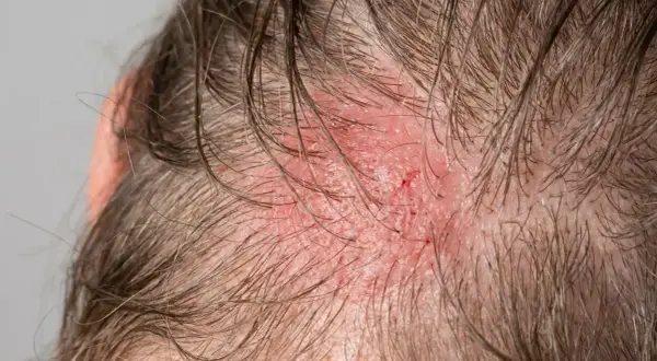 Rote, gereizte Kopfhaut mit kleinen Kratzern. Suche nach aufgekratzte Haut Hausmittel, um Linderung zu finden.