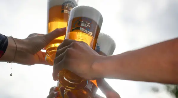 Hände stoßen mit Biergläsern an, ein Moment der Freude bei Bier Events.