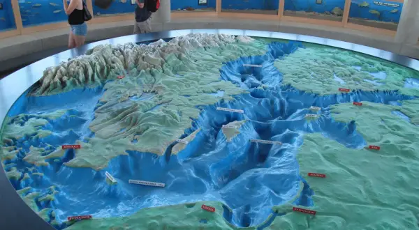 Model dna morskiego z zaznaczoną głębią Landsort (459m). W tle wystawa ryb.