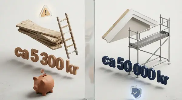 Jämförelse av kostnader för att byta vindskivor: gör-det-själv med brädor och stege för ca 5 300 kr, eller anlita proffs med ställning för ca 50 000 kr.