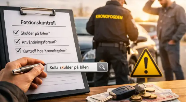 En hand skriver "Kolla skulder på bilen" på en checklista för fordonskontroll. I bakgrunden syns en polis från Kronofogden och en orolig bilförare.