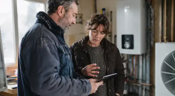 Un technicien discute avec une cliente d'une tablette, devant une chaudière gaz et une unité extérieure. Aide remplacement chaudière gaz.