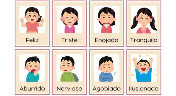 Tarjetas con dibujos de emociones para niños: feliz, triste, enojada, tranquila, aburrido, nervioso, agobiado, ilusionado.