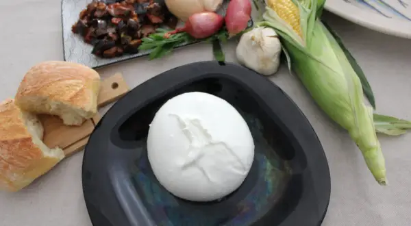 Mozzarella di bufala salernitana su piatto nero, con pane, verdure e mais.