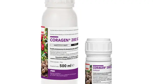 Dwie butelki Coragen 200 SC, środka do stosowania przez profesjonalistów. Optymalna temperatura stosowania jest kluczowa dla skuteczności.