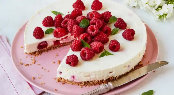 Eine köstliche Philadelphia Torte Himbeer, üppig garniert mit frischen Himbeeren und Minze, auf einem rosa Teller.