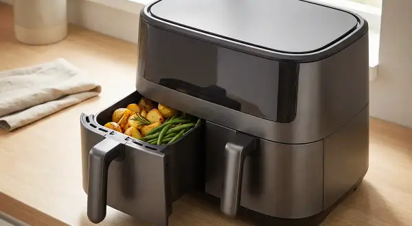 Nowoczesny air fryer z szufladą pełną chrupiących ziemniaczków i fasolki szparagowej. Idealny wybór, gdy zastanawiasz się, jaki wybrać.