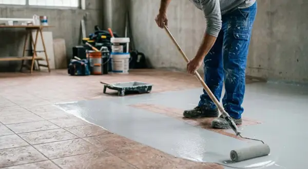 Uomo stende vernice grigia con rullo, passo fondamentale per come pavimentare un garage.