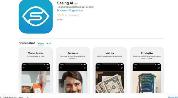 L'app Seeing AI, con la sua intelligenza artificiale, aiuta a leggere testi, riconoscere persone, valute e prodotti.