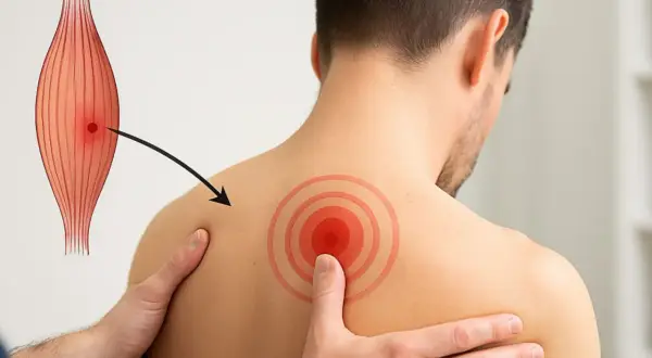 Un point douloureux sur l'épaule d'un homme, illustrant un trigger point musculaire.