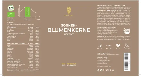 100% BIO-Sonnenblumenkerne (gekeimt), reich an Vitamin E. Diese gesunden Sonnenblumenkerne sind eine Nährstoffbombe.