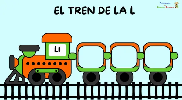 El tren de la L, con la sílaba "LI" en su locomotora, espera vagones para completar la palabra.
