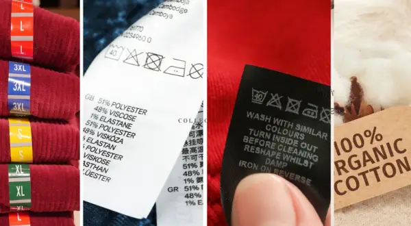 Stosy odzieży z etykietami rozmiarów, metki z składem materiału (poliester, wiskoza, elastan) i symbolami prania, a także zbliżenie na bawełnę z napisem "100% organic cotton".