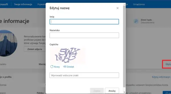 Okno dialogowe "Edytuj nazwę" na stronie konta Microsoft, pokazujące pola do wpisania imienia, nazwiska i znaków z Captchy, pomocne przy pytaniu jak zmienić nazwę użytkownika Windows 10.