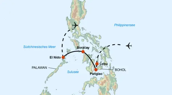 Reiseroute Philippinen 3 Wochen: Karte zeigt Flugrouten zwischen El Nido, Boracay, Cebu und Panglao.