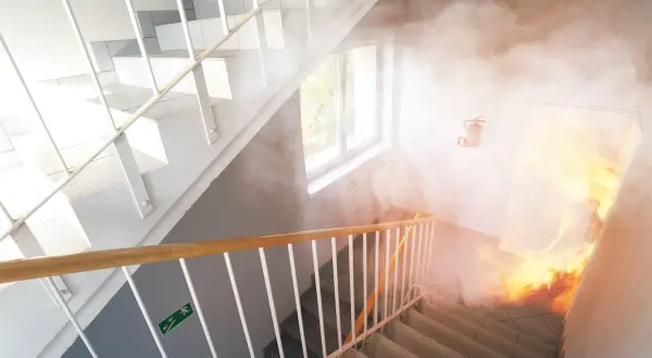 Rauch und Flammen im Treppenhaus eines Mehrfamilienhauses. Ein Feuerlöscher hängt an der Wand. Beachten Sie die Brandschutzvorschriften im Treppenhaus.