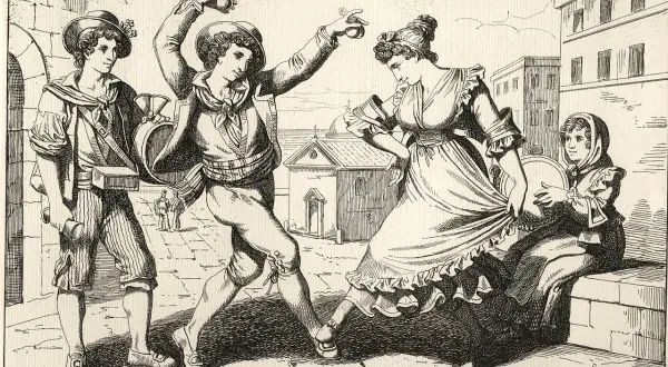Giovani napoletani danzano con castagnette e tamburello, un'immagine che evoca i detti napoletani e la vivacità della cultura locale.