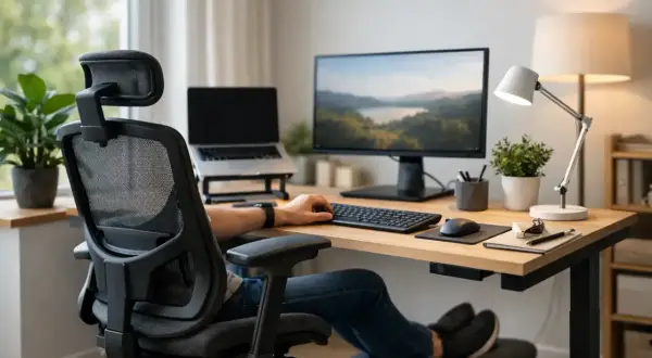 Gemütlicher homeoffice platz mit ergonomischem Stuhl, Laptop, Monitor und Schreibtischlampe.