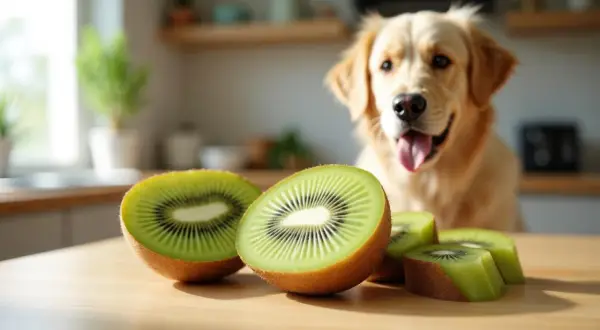 Złoty retriever z zaciekawieniem patrzy na pokrojone kiwi. Czy pies może jeść kiwi? To pytanie nurtuje wielu właścicieli czworonogów.