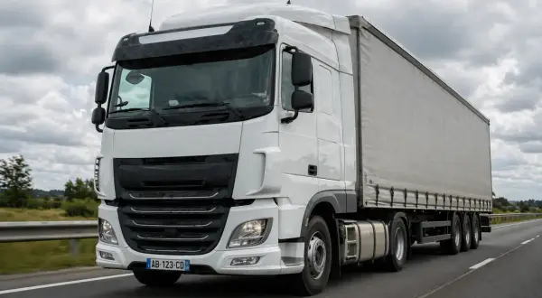 Camion blanc sur l'autoroute, le conducteur anticipe le freinage.