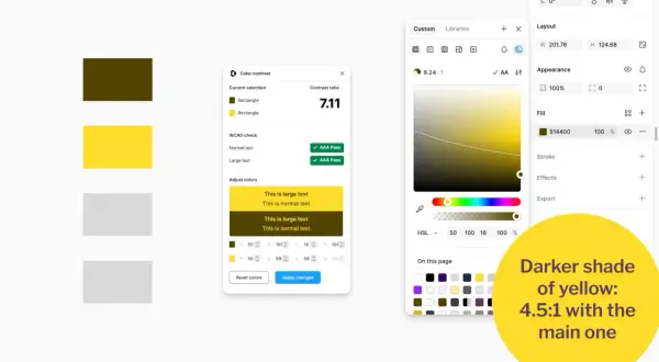 A color contrast checker shows a lemon yellow rectangle and a darker shade of yellow, with a contrast ratio of 7.11.