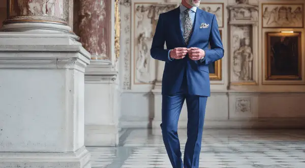 Elegante Abschlussfeier Kleidung für Eltern: Ein stilvoller Mann im blauen Nadelstreifenanzug, bereit für den besonderen Anlass.