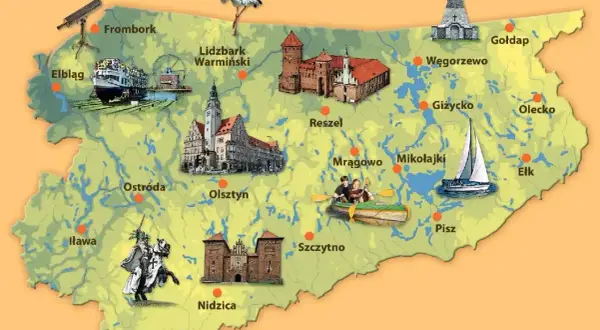 Mapa turystyczna Warmia i Mazury z zamkami, jeziorami, żaglówką, kajakami i bocianem.