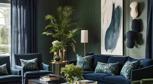 Elegante soggiorno con divano blu e poltrone, accentuato da cuscini con un sofisticato abbinamento verde salvia e blu.