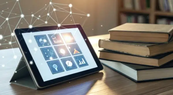 Nowoczesny tablet z ikonami naukowymi i stosem książek. Czy z tabletu można dzwonić? Tak, wiele tabletów oferuje funkcje telefoniczne.