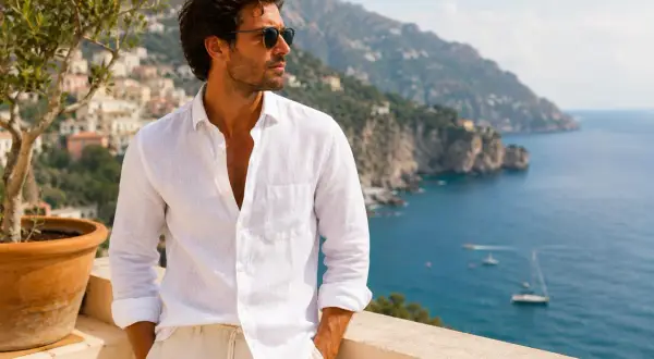 Uomo con camicia bianca in **color lino** e pantaloni beige, con vista sul mare e su un villaggio costiero.