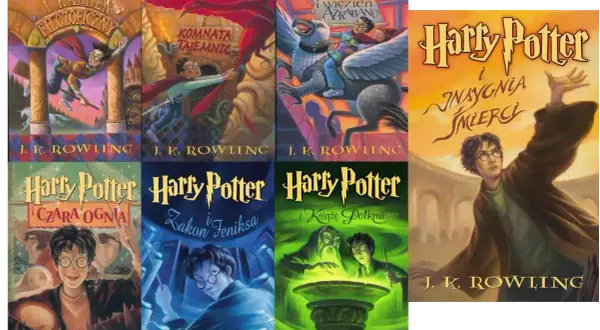 Okładki książek autorstwa J.K. Rowling, w tym "Kamień Filozoficzny", "Komnata Tajemnic", "Więzień Azkabanu", "Czara Ognia", "Zakon Feniksa", "Książę Półkrwi" i "Insygnia Śmierci".