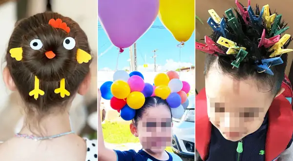 Peinados divertidos niños: un pollito en el pelo, una corona de globos y pinzas de colores. ¡Creatividad al máximo!