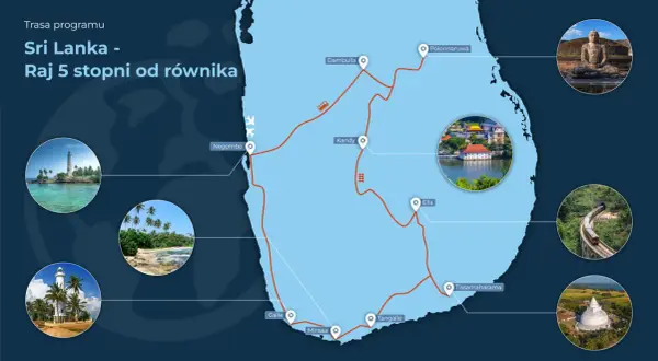Mapa z trasą podróży po Sri Lance: Negombo, Dambulla, Polonnaruwa, Kandy, Ella, Tissamaharama, Tangalle, Mirissa, Galle. Raj 5 stopni od równika.