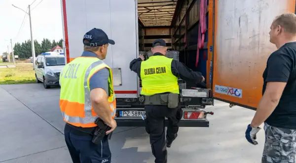 Celnik w kamizelce "Służba Celna" sprawdza ładunek ciężarówki. Chcesz wiedzieć, jak zostać celnikiem na lotnisku? To praca pełna wyzwań!