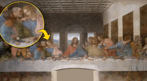 Ostatnia Wieczerza Leonarda da Vinci. Powiększony fragment ukazuje bliskość między postaciami, sugerującą intymną rozmowę.