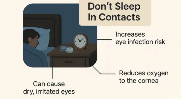 Don't sleep in contacts. It can cause dry, irritated eyes, reduce oxygen to the cornea, and increase eye infection risk.