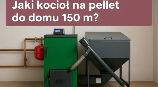 Jaki piec na pellet do domu 150m2? Zielony kocioł z zasobnikiem i panelem sterowania, obok szary zbiornik na pellet.