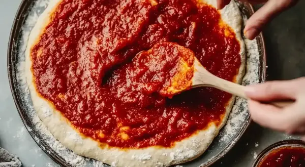 Händer sprider hemlagad egen pizzasås på en pizzabotten.