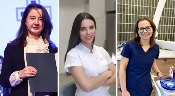 Trzy kobiety w strojach zawodowych, prawdopodobnie dentystki, w kadrze.