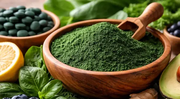 Zielony proszek spiruliny w drewnianej misce, obok tabletek, cytryny, jagód i awokado. Odkryj niezwykłe spirulina właściwości.