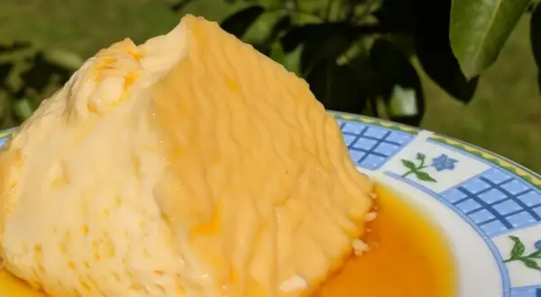 Delicioso flan de huevo sin azúcar, con su caramelo dorado, servido en un plato con diseño floral.