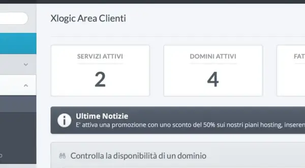 Dashboard Xlogic: 2 servizi attivi, 4 domini attivi, 1 fattura da pagare. Scopri il epp significato delle promozioni.