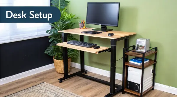 Adjustable height computer desk setup with monitor, keyboard, and mouse. A small side table holds a computer tower and books.