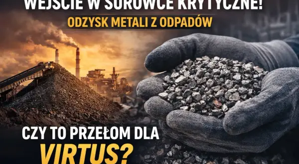 Ręce w rękawicach trzymają surowiec, w tle przemysł i hałda. Czy to przełom dla Virtus? Notowania surowców krytycznych.