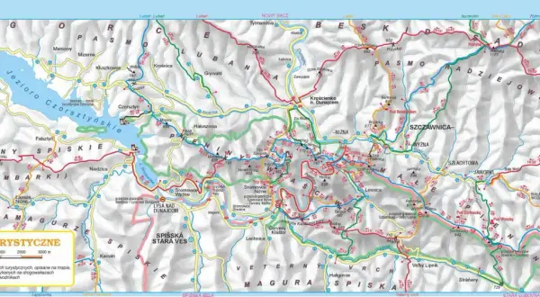 Mapa turystyczna Pienińskiego Parku Narodowego z zaznaczonymi szlakami, szczytami i ciekawostkami, np. zamkami w Niedzicy i Czorsztynie.