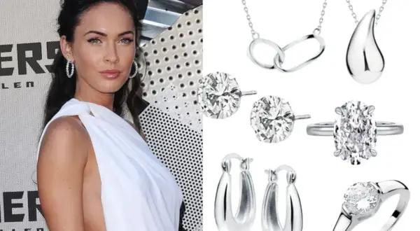 Megan Fox w białej sukni obok kolekcji biżuterii: naszyjniki, kolczyki i pierścionki. Wybór: srebro czy złoto?