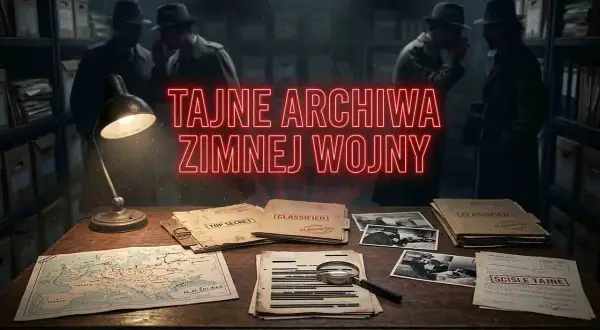Biurko z mapą, dokumentami "ściśle tajne", zdjęciami i lupą, w tle agenci KGB.