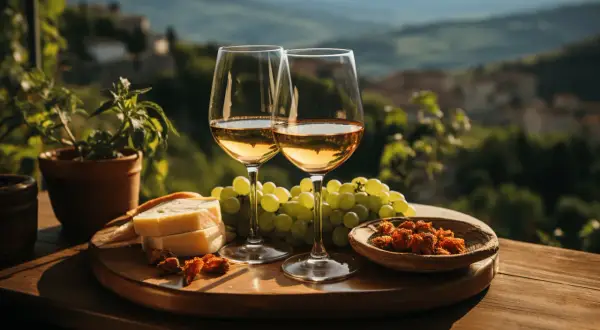 Due calici di vino bianco, uva, formaggio e pomodori secchi su un tagliere, con un paesaggio collinare sullo sfondo. Un assaggio del puglia wine.
